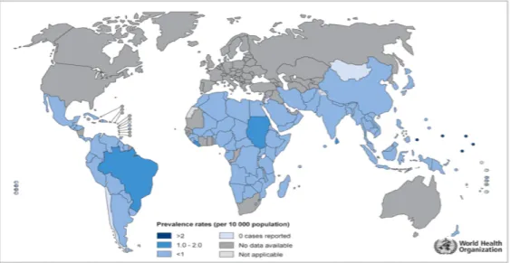 Figura 1 - Coeficientes de prevalência da hanseníase no mundo em 2011. 