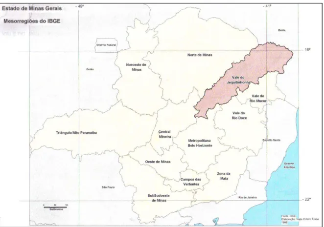 FIGURA 3  – Mesorregiões do IBGE: localização do Vale do Jequitinhonha em Minas Gerais  FONTE  – Árabe (2000, p