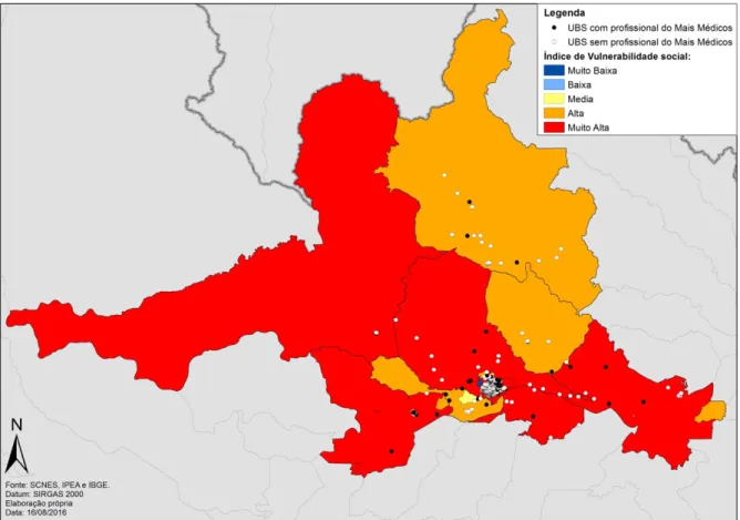 Figura 1d – Distribuição de Unidades Básicas de Saúde de acordo com as categorias do Índice de  Vulnerabilidade Social na Região Metropolitana de Manaus – 2016