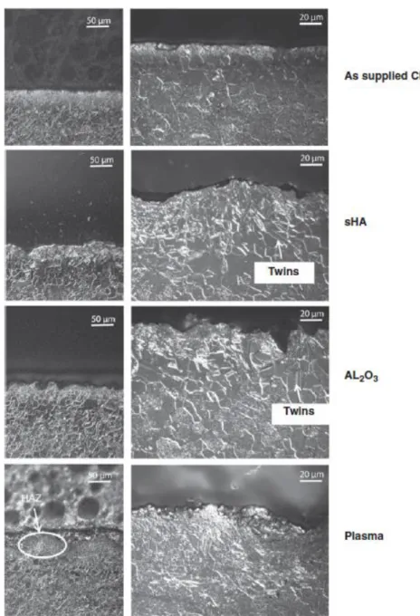 Figure 4.5 – Etched cross-sections of titanium substrates: as supplied cp Ti, CoBlast treated  Ti with HA/sHA, CoBlast treated Ti with HA/Al2O3, and plasma-sprayed Ti