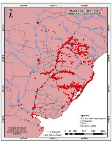 Figura 1: Mapa dos registros arqueológicos Guaraní.