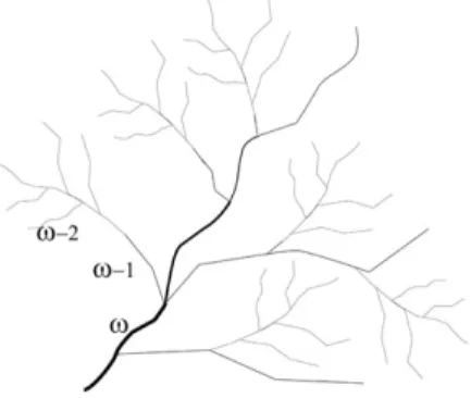 Fig. 1. River basin with streams up to order ω. Streams of order ω − n − 1 are tributaries of streams of order ω − n.