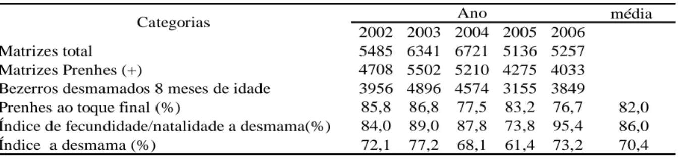 TABELA 10 - Índices reprodutivos na propriedade estudada nos anos de 2002 a 2006 