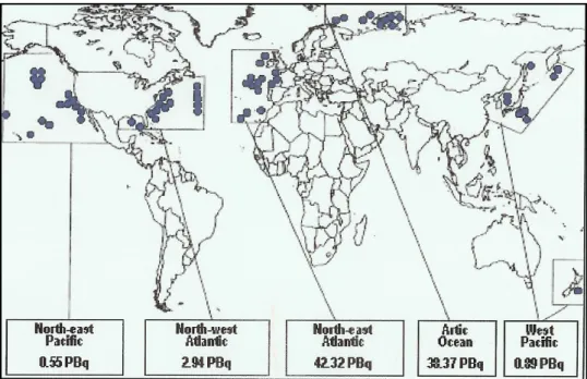 Figura 5 – Oceanos e locais de deposição de resíduos radioactivos com o inventário da radioactividade  artificial imersa (em Peta Bq = 10 15  Bq) 
