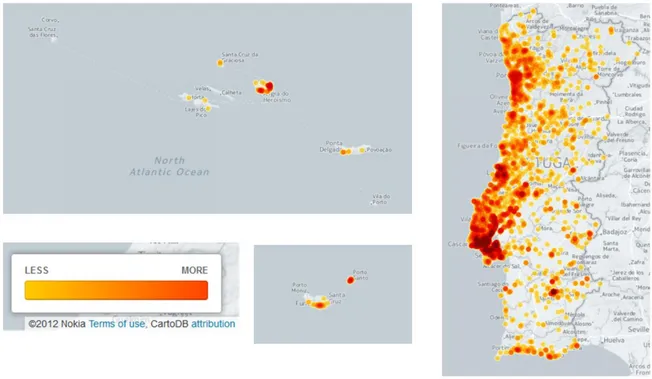 Figura n.º1 – Mapeamento de densidade de militares da FA na efetividade de serviço segundo o código postal de  sete dígitos (CP7) do local de residência 1   