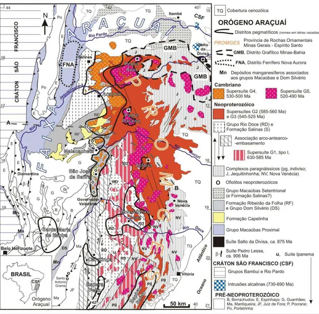 Figura 3. Mapa geológico do Orógeno Araçuaí, com indicação das principais concentrações de depósitos minerais (Vilela et 