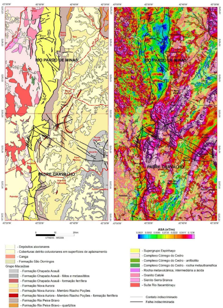 Figura 5. Mapas geológico e magnetométrico (amplitude do sinal analítico) da área coberta pelas folhas Padre Carvalho, a sul,  e Rio Pardo de Minas a norte
