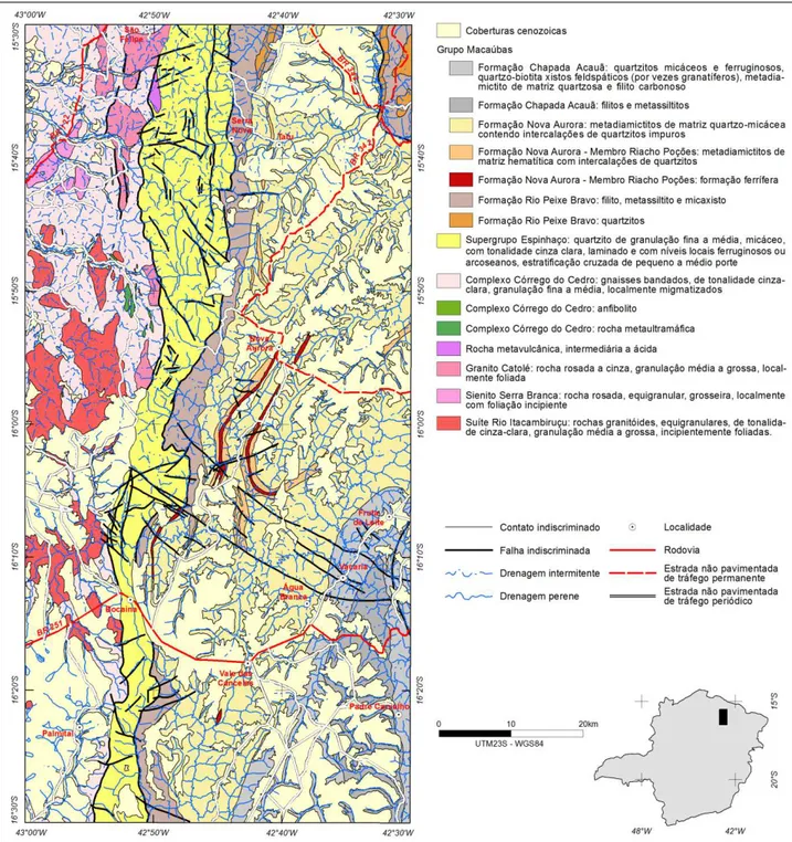 Figura 9. Mapa geológico das folhas Padre Carvalho e Rio Pardo de Minas, do Projeto Espinhaço (Modificado de Mourão et al