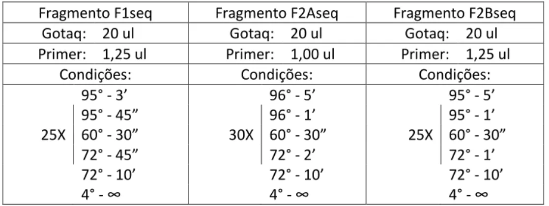 Tabela 3: Condições da reação em cadeia da polimerase para os fragmentos  F1seq, F2Aseq e F2Bseq