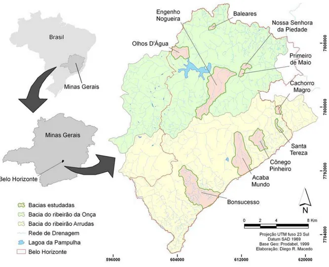 Figura 1: Mapa da área de estudos incluindo as dez bacias elementares do município de  Belo Horizonte, no trecho alto da bacia hidrográfica do rio das Velhas (MG)