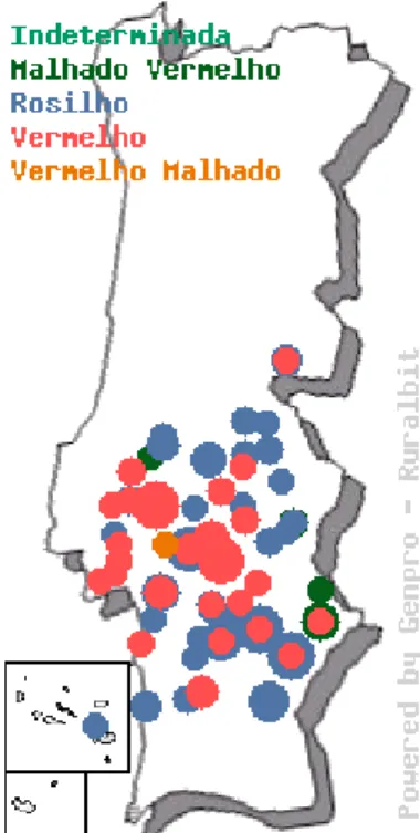 Figura 1 - Distribuição geográfica da  raça  Mertolenga  consoante  a  sua  pelagem em Portugal  
