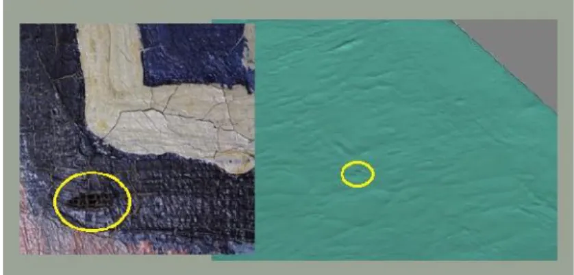 Fig. 11. Loss in the pictorial layer. Detail of the loss in the solid object of the 3D virtualization