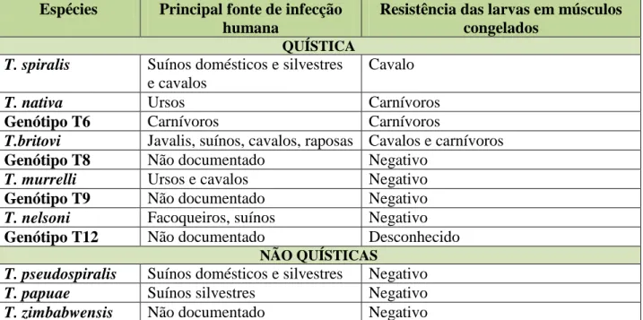 Tabela  3:  Principais  características  zoonóticas  das  espécies  e  genótipos  da  Trichinella  Gottstein et al., 2009).