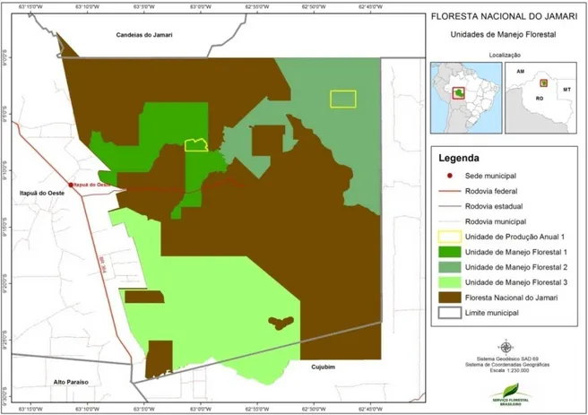 Figura 2.1 -  Localização da Floresta Nacional do Jamari, de suas Unidades de Manejo  Florestal (UMF), e das Unidades de Produção Anual (UPA) objetos desse estudo