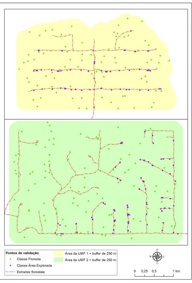 Figura 3.2 - Pontos de campo das classes floresta e área explorada utilizados como dado de  referência na análise de acurácia