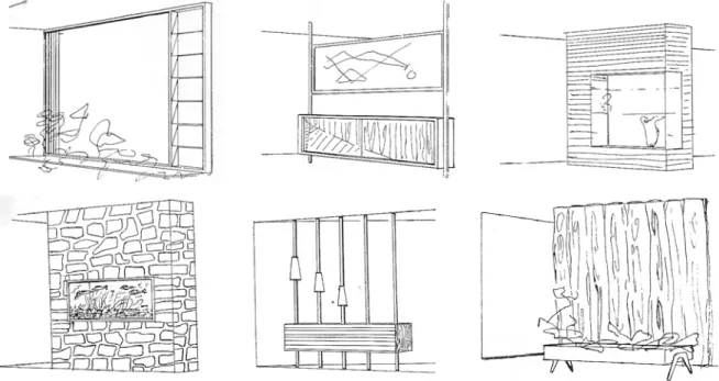 Figura 15: Propostas de divisórias para ambientes, de autoria de Pierre Weckx: Em madeira e vidros, anexo a floreiras, servindo de bufet, 