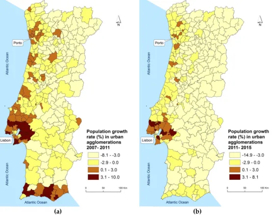 Figure 3. Population growth rate in urban agglomerations per municipality (%) for 2007-2011 (a) and  2011–2015 (b)