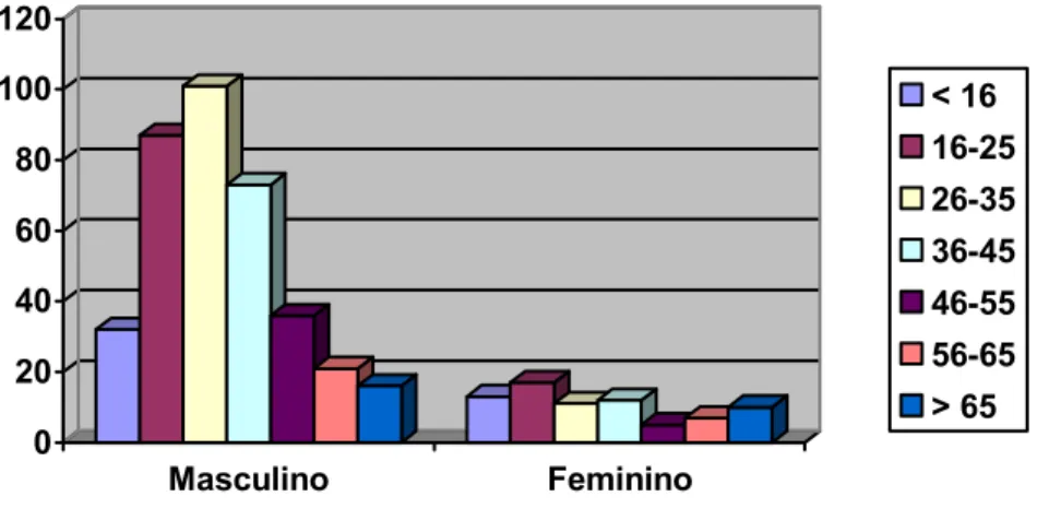 Gráfico 1. Distribuição entre faixas etárias e sexo. 