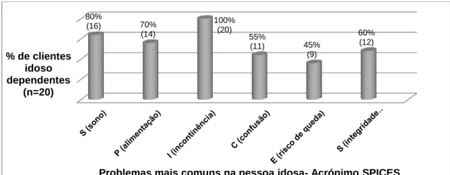 Gráfico 5: Representação dos problemas mais comuns na pessoa idosa, segundo o acrónimo  SPICES, da população idosa dependente, no serviço de internamento hospitalar 