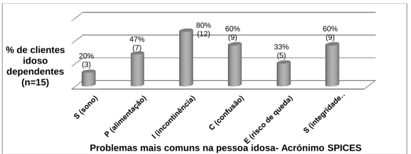 Gráfico 9: Representação dos problemas mais comuns na pessoa idosa, segundo o acrónimo  SPICES, da população idosa dependente, na ECCI 