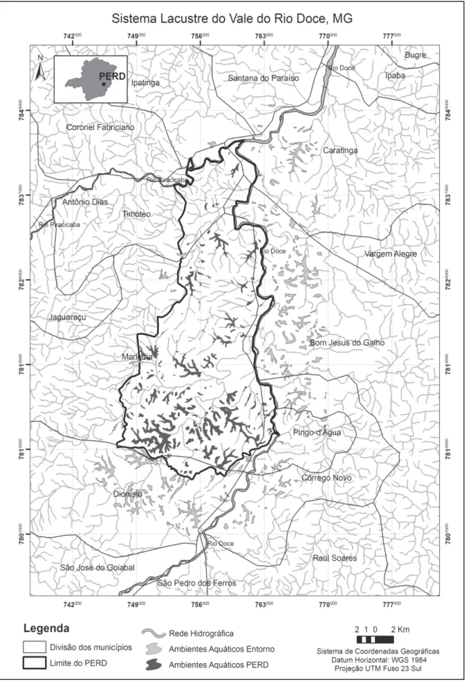 Figura  1  –  Localização  dos  ambientes  aquáticos  (lagoas  e  brejos)  do  sistema  lacustre  do  Vale  do  Rio Doce, Minas Gerais, destacando o Parque Estadual do Rio Doce (PERD)