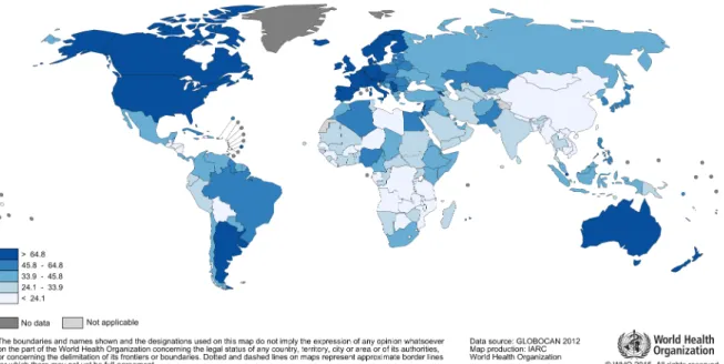 Figure 1. Breast cancer estimated age-standardized incidence rates worldwide per 100 000  in 2012 [Source: GLOBOCAN 2012 (IARC)]