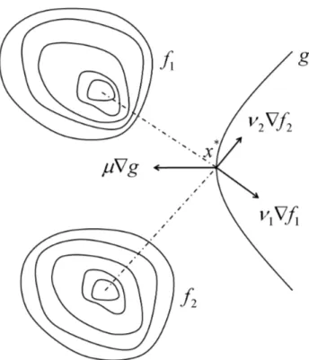 Figura 4.1: Ilustra¸c˜ ao das condi¸c˜ oes de Kuhn-Tucker para o caso multi-objetivo.