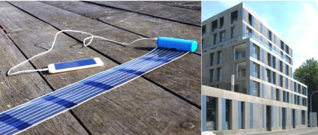 Figura 1.2 – Exemplo de aplicação de células fotovoltaicas orgânicas com aplicação para  fornecimento de pequenas quantidades de energia e em fachadas de prédios [22]
