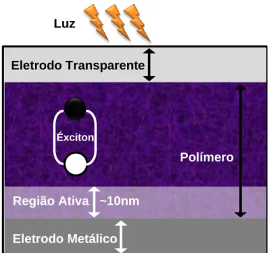 Figura 2.7 – Representação esquemática da seção transversal de uma célula solar orgânica  fabricada  com  a  estrutura  simples  de  apenas  com  uma  camada  de  polímero  entre  dois  eletrodos