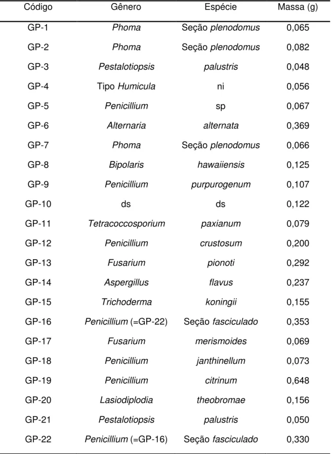 Tabela 2  – Gênero e espécie dos fungos isolados de própolis e massas obtidas  dos respectivos extratos  