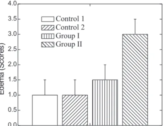 Figure 3. Comparison of histological edema (scores) between controls, Group I, and Group II rats (p < 0.05).