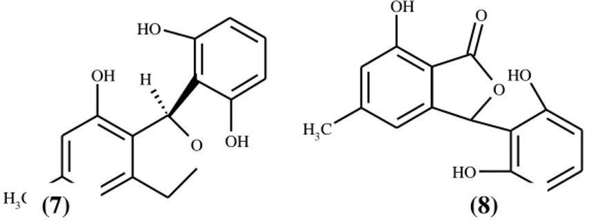 Figura 6. Pestacina (7) e isopestacina (8), substâncias com atividade antioxidante e  antimicrobiana (Strobel &amp; Daisy, 2003)