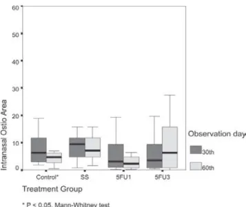 Figure 3 - The graph describes the ostium area at the 30 th  vs 60 th  postoperative day, by treatment group