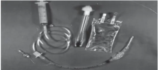 Figure 2 - Levine nº 14 catheters; 20 ml syringe; phosphate buffer solution (1ml/9ml); 10 ml of saline solutions; nº 7.5 orotracheal cannula