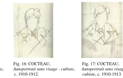 Fig. 15: COCTEAU,          Fig. 16: COCTEAU,                            Fig. 17: COCTEAU,  Autoportrait sans visage - cubiste,         Autoportrait sans visage - cubiste,      Autoportrait sans visage -   c