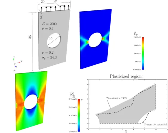 Fig. 9. Drilled plate under tension. Contour plots and loading region comparison.