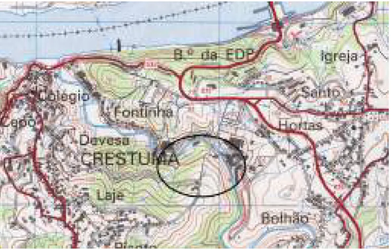 Fig. 2 - área da freguesia de Lever, atravessada pelo Huima, junto da fábrica de Fiação e da fronteira com Crestuma.
