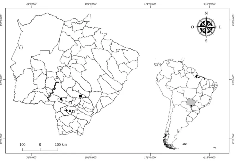 Figura 1. Localização dos estudos etnobotânicos realizados com plantas medicinais nativas em Mato Grosso do  Sul,  Brasil