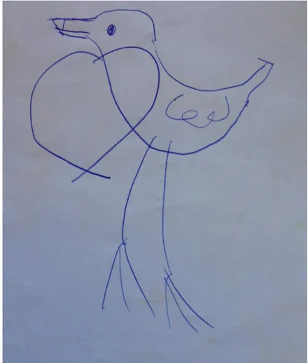Figura 3. Pássaro Gwirakambi, desenhado por uma criança   Kaiowá  do  Tekoha  Taquara,  Juti,  Mato  Grosso  do  Sul