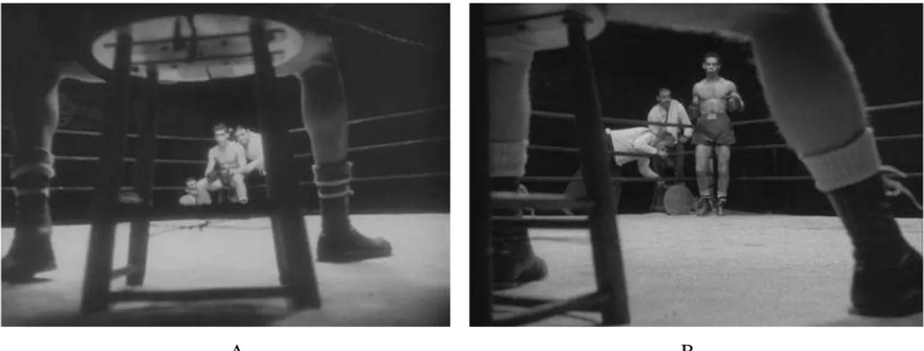 Figura 1: Adversário visto por  ângulo inusitado: no curta documental (A) e no longa de ficção (B)   - Fonte: (A) Day of the fight (1951), (B) A morte passou por perto (1955)