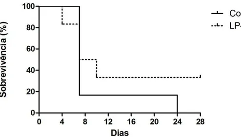 Figura  8.  Sobrevivência  (%)  de  camundongos  convencionais  (BALB/c)  tratados  ou  não  com  P