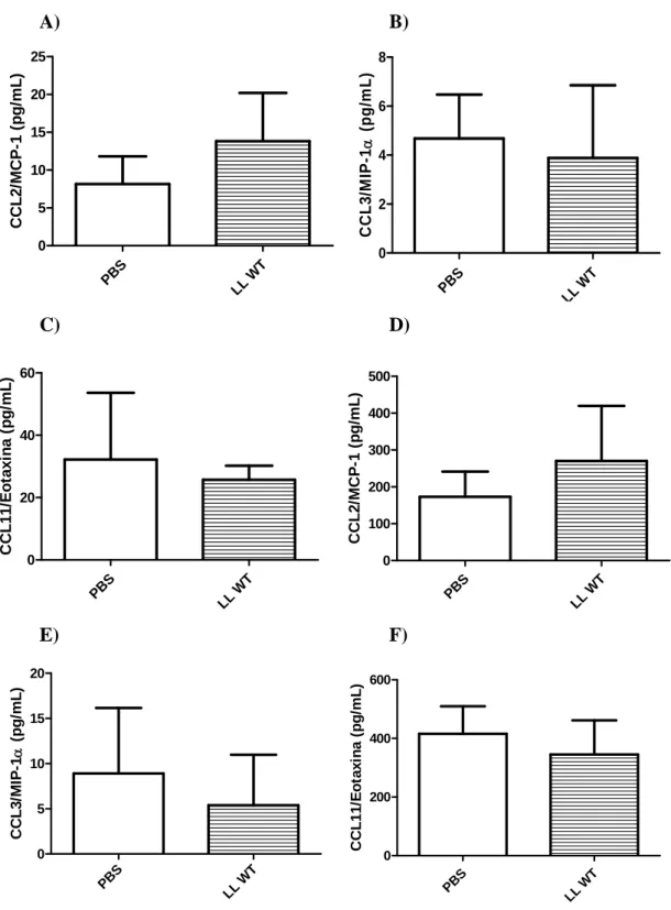 Figura 10: Quantidades de CCL2, CCL3 e CCL11 no lavado brônquio-alveolar (A, B e 