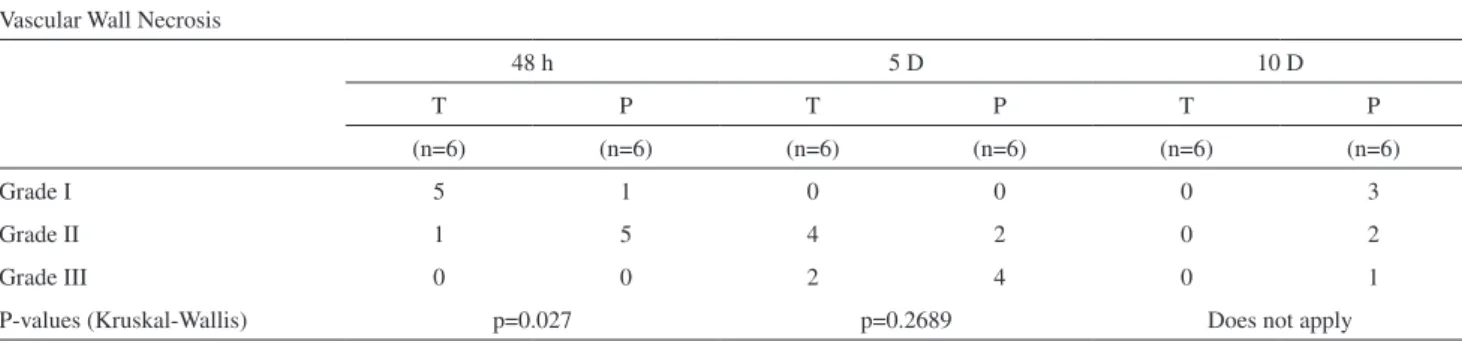 Table 2 - Vascular wall necrosis related to the number of days after embolization with trisacryl (T) or PVAc (P) 