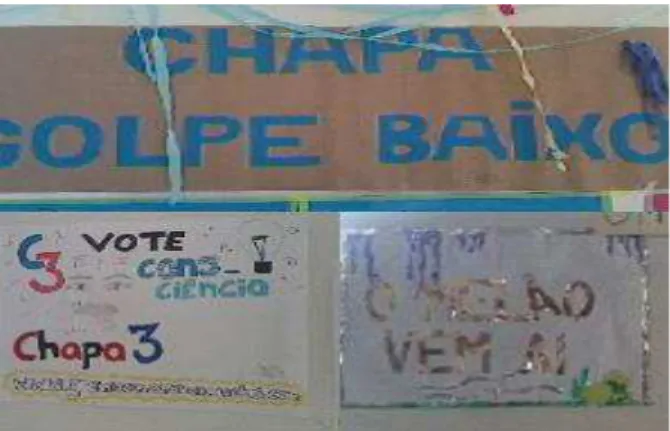 FIGURA 1 – Alguns dos cartazes das três chapas que concorreram à eleição do Grêmio Estudantil no  ano de 2010 