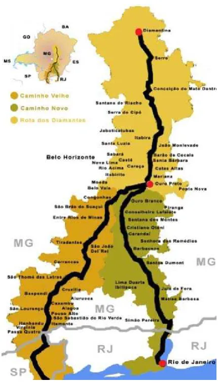 FIGURA 11:  Mapa da Estrada Real e as cidades componentes dos percursos. 