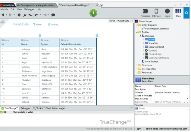 Figure 2.4: Service Studio overview while editing an application’s database.