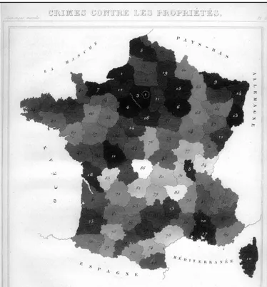 Figura 4: Mapa de Guerry em seu “Ensaio”: Crimes contra a propriedade na França. Fonte: Wikipedia 