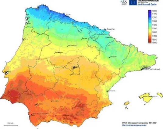 Figura 5 – Representação gráfica da radiação solar global na Península Ibérica (valores anuais em kWh/m 2 ) [13] 