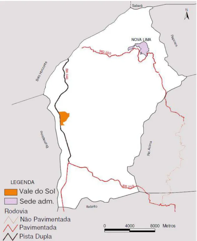 Fig. 06. Mapa de Localização do bairro Vale do Sol no município de Nova Lima.  Fonte: Adaptado de SANTANA, 2002