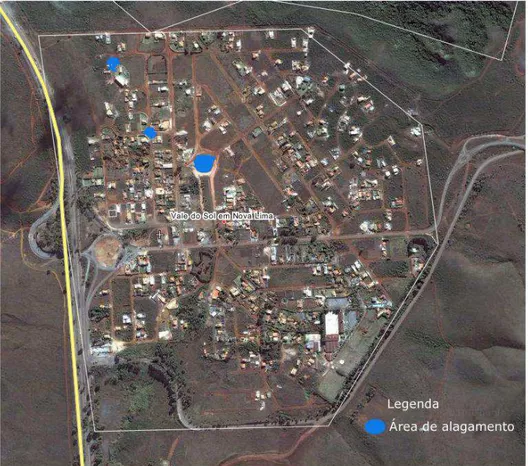 Fig. 12. Mapa com demarcação de áreas de alagamento.  Fonte: Elaborado pela autora conforme entrevista com moradores, 2011